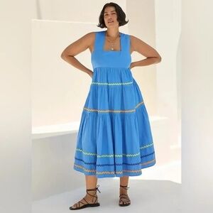 Anthropologie Helena Tiered Midi Dress Ric Rac Trim Blue Cotton Smocked Back 1X